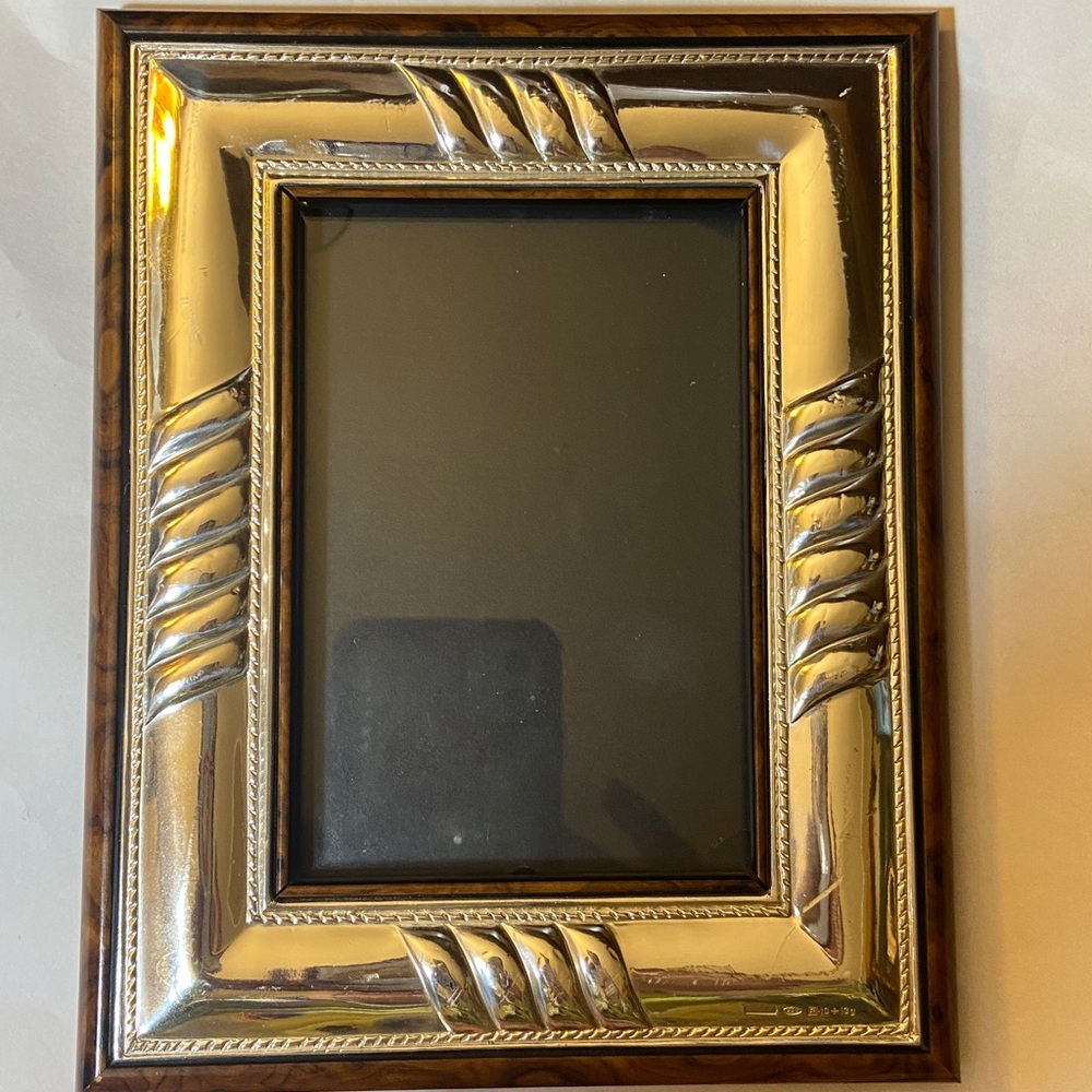 Picture Photo Frame Fit 4x6” 925 Sterl. Silver Stamped Burlwood Back Free Stand
